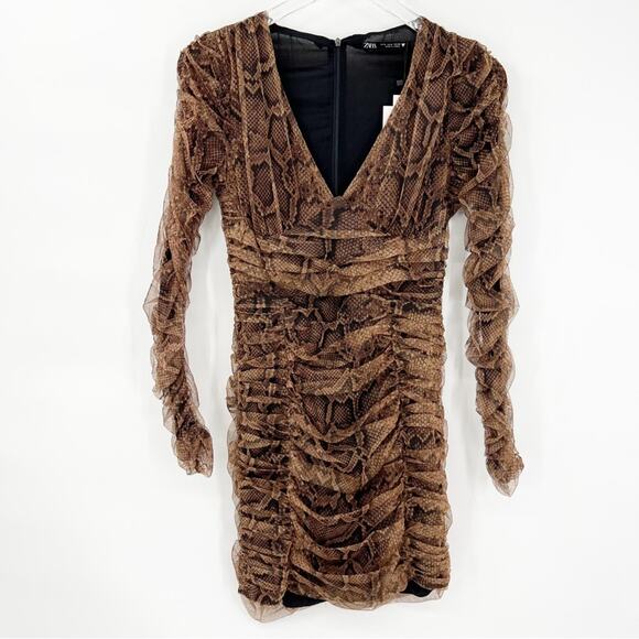 NWT ZARA Tulle V-Neck Ruched Bodycon Mini Dress S Brown - Picture 3 of 7